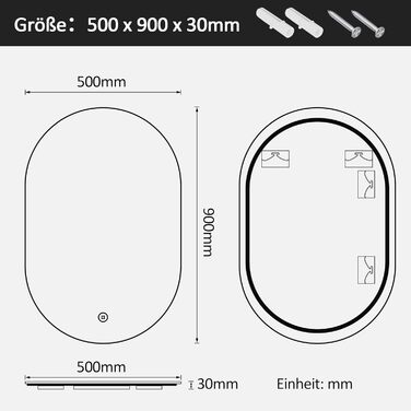 Дзеркало для ванної кімнати Boromal з підсвічуванням, овальне LED, 50x90 см, сенсорне керування, диммування, 3 кольори світла