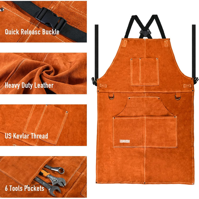 Шкіряний фартух для зварювальника LeaSeek – термостійкий та вогнестійкий, з 6 кишенями, великий розмір (M-XXXL), 61x91 см + шкіряні рукавички