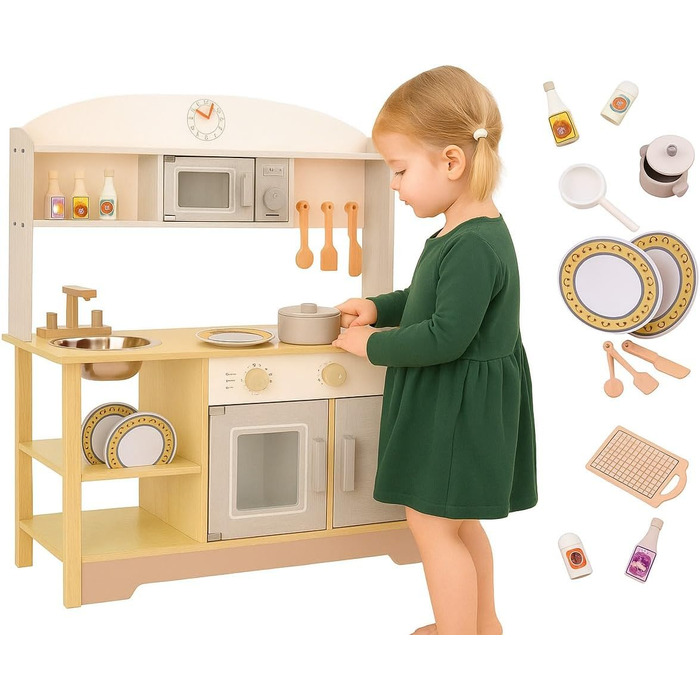 Дерев'яна дитяча кухня з мийкою, духовкою та витяжкою, модель 4