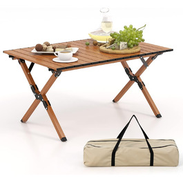 Стіл кемпінговий COSTWAY складний, розкладний стіл алюмінієвий, до 50 кг, розкладний стіл з рулонною стільницею, складаний стіл для пікніка з дерев'яним виглядом, в т.ч. сумка для перенесення, для кемпінгу пікнік барбекю, 89x59x45см