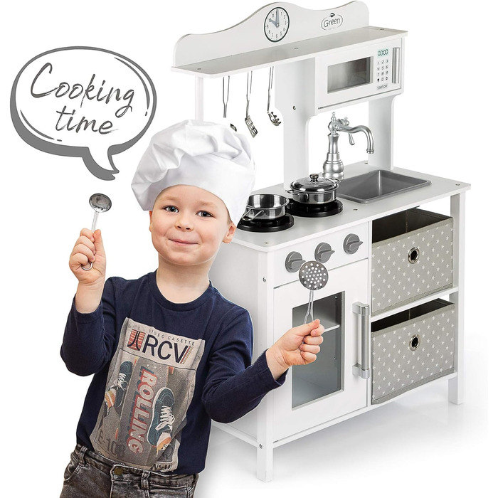 Дерев'яна дитяча кухня Kinderplay з LED та звуками приготування їжі, регульована висота 92–107 см, ігровий набір для дітей від 3 років, повний комплект з аксесуарами, світло-сірий колір (Vintage - White)