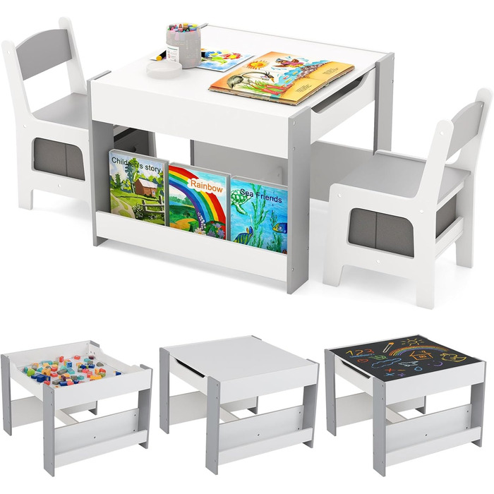 Дитячий стіл LIFEZEAL 3 в 1 з 2 стільцями: стіл для малювання, активностей та обідній стіл. Дитяча меблева група з дерева з місцем для зберігання (сірий)