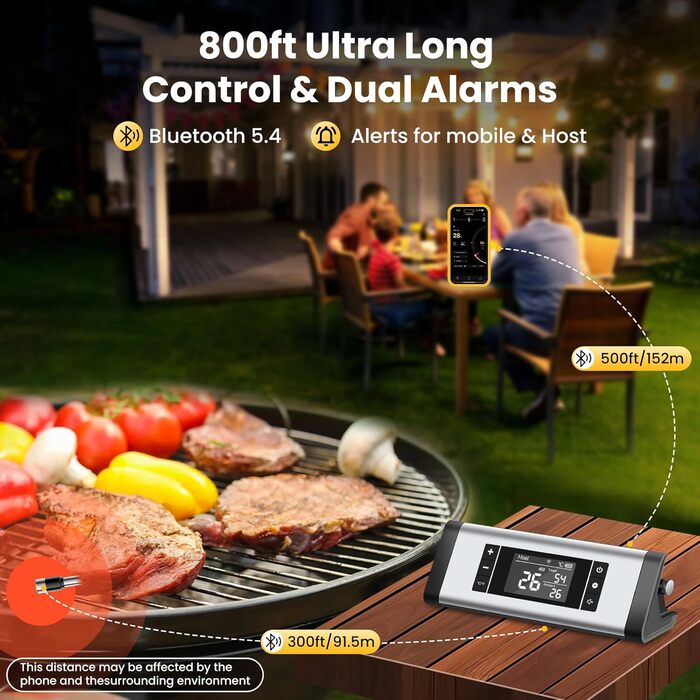 Бездротовий термометр для м'яса з Bluetooth, дальність до 240м, керування через додаток, до 24 години роботи, IP67, стійкий до миття в посудомийній машині та олії - для гриля, коптильні, ротатерія, духовки, фритюрниці
