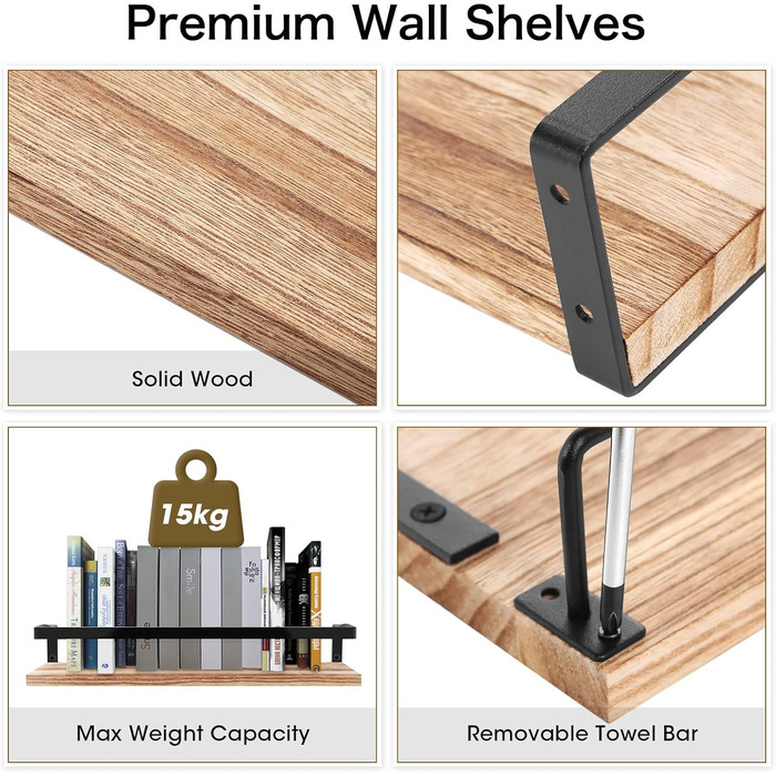 Набір підвісних полиць з дерева Uten (2 шт), рустикальна настінна полиця з тримачем для рушників, світло-коричнева — для ванної, кухні, вітальні та спальні