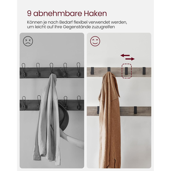 Стійка для одягу VASAGLE з полицею для взуття, 4-в-1, 9 знімних гачків, штанга для одягу, для передпокою, 33.7 x 72 x 183 см, індустріальний дизайн, горіхово-чорний колір