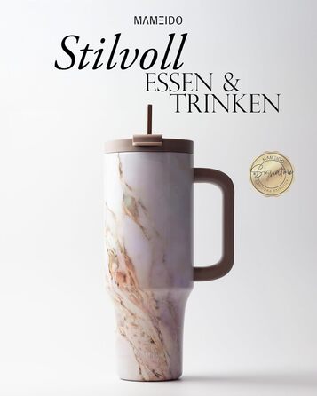 Термокружка MAMEIDO з трубочкою, 1200 мл, Pearl Marble: подвійні стінки, ізольована, з кришкою, не протікає