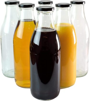 Набір з 20 пляшок соку gouveo об'ємом 1000 мл з кришкою, що загвинчується білого кольору-велика скляна пляшка об'ємом 1 літр з кришкою TO48-порожня пляшка для наповнення кухні і будинку (20 шт., прозора / чорна)