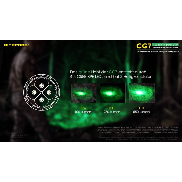 Мисливська лампа Nitecore Chameleon CG7, біле світло 2500 люмен, зелене світло 540 люмен, світлодіодний ліхтарик, відстань променя 280 м, чорний