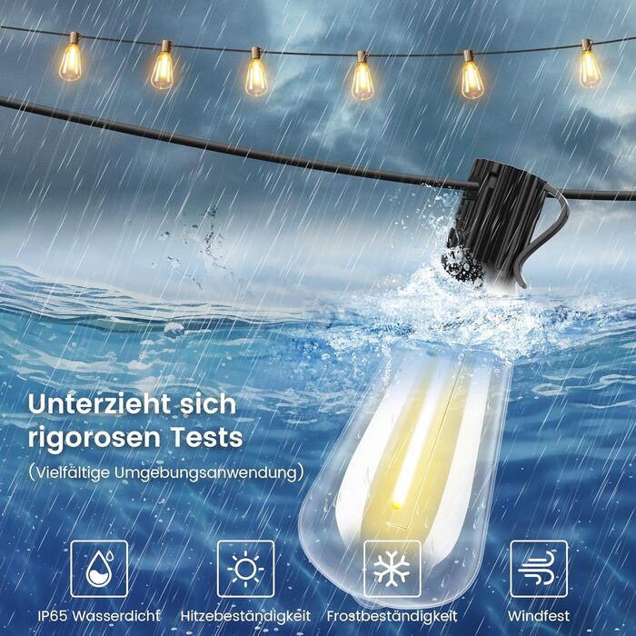 Світлодіодні струнні ліхтарі Torkase на відкритому повітрі 120 футів, стійкі до погодних умов, теплий білий, 62 лампи ST38, сонячні, 36 м
