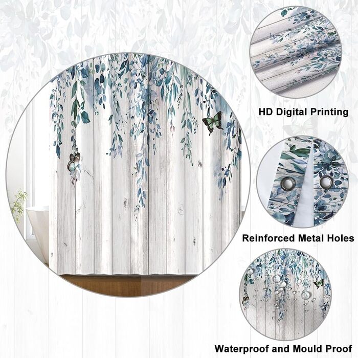 Шторка для душу 180x220 см, антигрибкова, з тропічним дизайном (пальмові листя, евкаліпт, гриби), водонепроникна, поліестер, для ванної кімнати, з 12 гачками (блакитна)