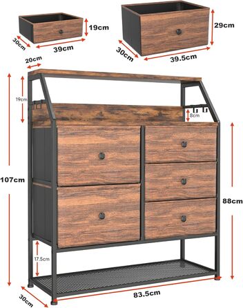 Дріпекс комод 5 ящиків, дерев'яна стільниця, полиця для взуття, промисловий дизайн, метал, вінтаж коричневий-чорний