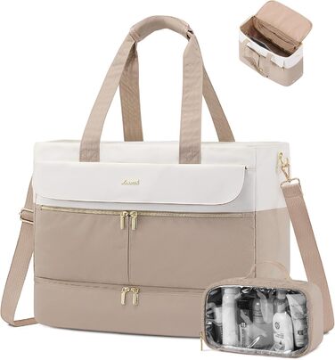 Сумка-валіза LOVEVOOK для жінок, 45L, Weekender, ручна поклажа, велике відкривання, сумка для пологового будинку, спортивна сумка, дорожня сумка, з відділенням для взуття та мокрою білизною, для подорожей, Gym, beige+khaki