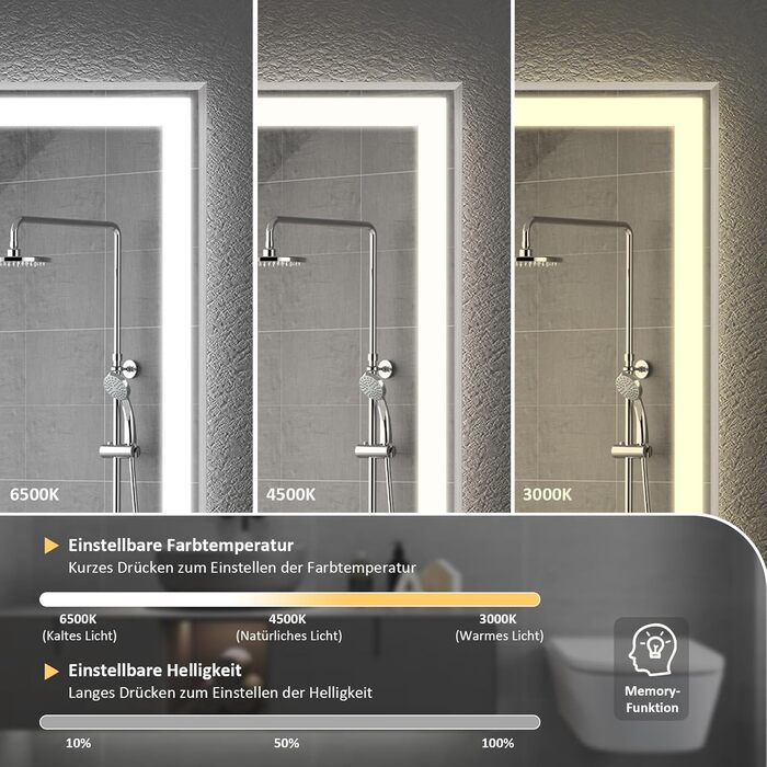 Дзеркало для ванної кімнати YOURLITE з підсвічуванням, 85x55 см, LED, сенсорне керування, 3 кольори світла, регулювання яскравості, антизапар, горизонтальне/вертикальне, IP44, білий (Silver-5070)