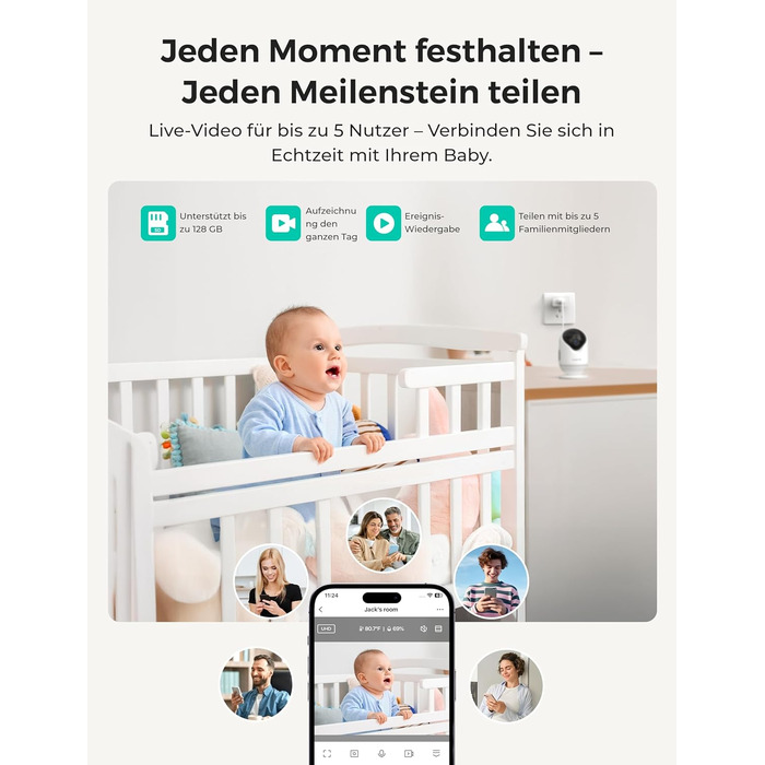 Відеоняня Dr.Care VistaView Lite WLAN з App-керуванням, Full HD 1080P камерою, розділеним екраном 720P, датчиком руху та ІЧ-нічним баченням (монітор 4