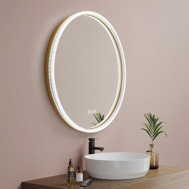 Дзеркало для ванної кімнати EMKE з підсвічуванням, 80 см, 3 кольори світла, регулювання яскравості, антизапар, сенсорне управління, функція пам'яті, енергозбереження, кругле, золотий фрейм (60x60 см)