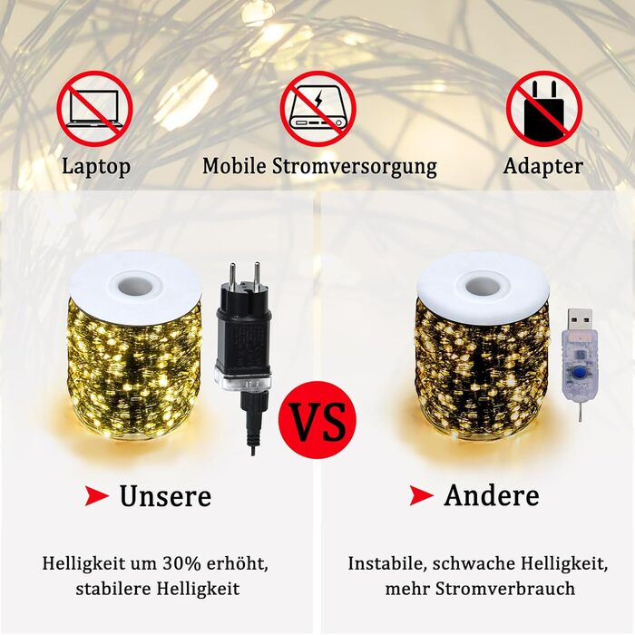 Льохтерна LED 100м з мідного дроту, 1000 LED, 8 режимів, IP44 (водостійка), з пульт та таймером, для прикраси на Різдво, в приміщенні та на вулиці, DIY, тепле біле світло