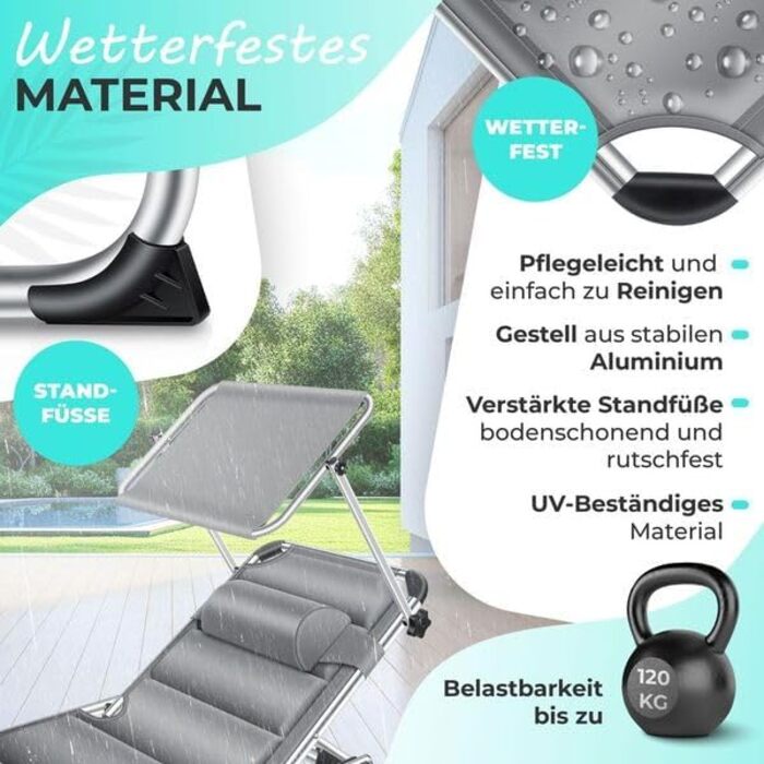 Кесер® Сонячне ліжко Sun з дахом: розкладне ліжко для саду, пляжу та відпочинку. Алюмінієвий каркас, регульована спинка, зручний матрац, сірий колір.