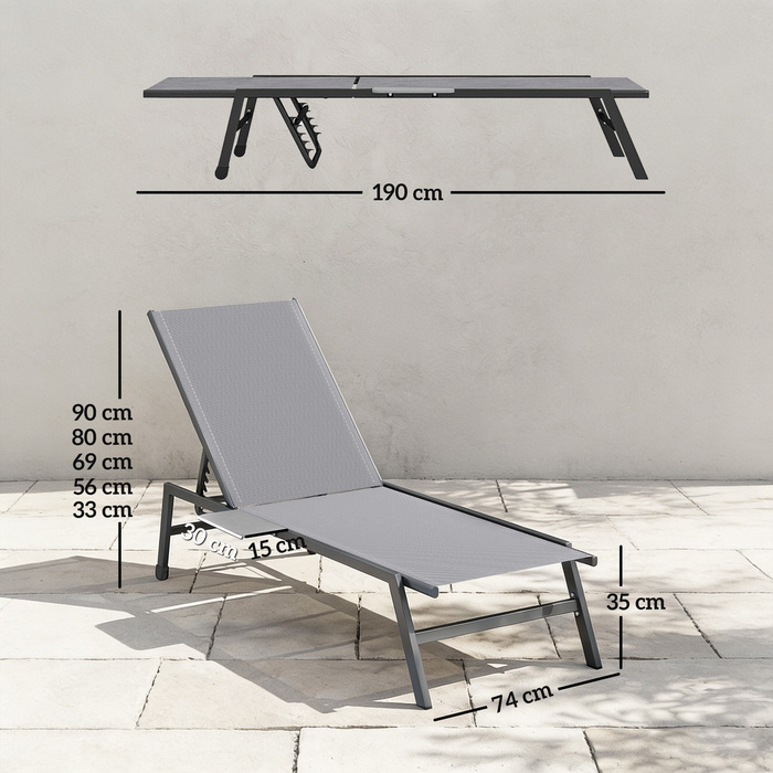 Набір з 2 садових шезлонгів з регульованою спинкою (5 положень), бічним столиком, 2 колесами та антиковзними ніжками, сірий колір