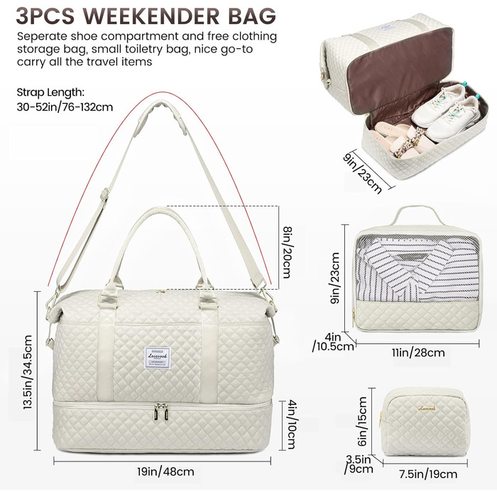 Спортивна сумка LOVEVOOK для жінок: велика дорожня сумка-мішок, weekender, з косметичкою, відділенням для взуття, водонепроникна, для подорожей, спортзалу, кемпінгу (M-3шт, Бежевий)