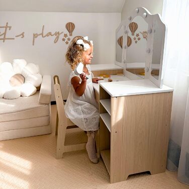 Детський туалетний столик Mamabrum XXL з дерева з пуфом та LED-дзеркалом. Туалетний столик для дівчаток з ящиком, аксесуарами та світлодіодним дзеркалом, від 3 років (MAM238 VANITY TABLE)