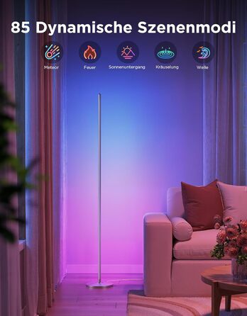 Govee RGBIC LED Торшер WiFi, Диммування, Alexa & Matter, 16 млн кольорів, 85 режимів, Музичний режим, DIY, для вітальні, спальні, геймінгу (Срібний, 1 шт)