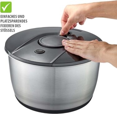 Салатниця GEFU з кришкою для зберігання, 3л, пластикова чаша з вбудованим ситом та ручним приводом, чорно-сіра