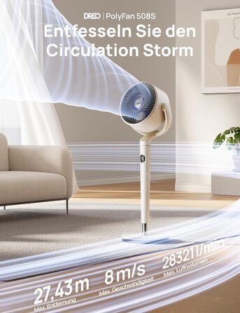 Вентилятор підлоговий Dreo з Wi-Fi, LED, 102 см, 3 режими, 8 швидкостей, 26 м дальність, 1200 м³/год