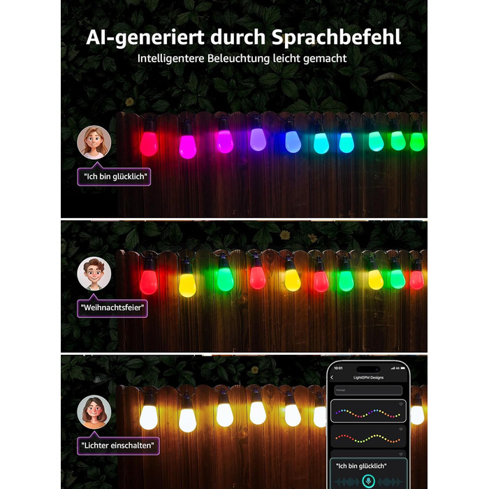 Lepro LED гірлянда для зовнішнього використання 30м, RGB+тепле біле світло, Wi-Fi, керування через додаток, сумісна з Alexa/Google, IP65, AI-дизайнер світла, 30 LED, без пульта