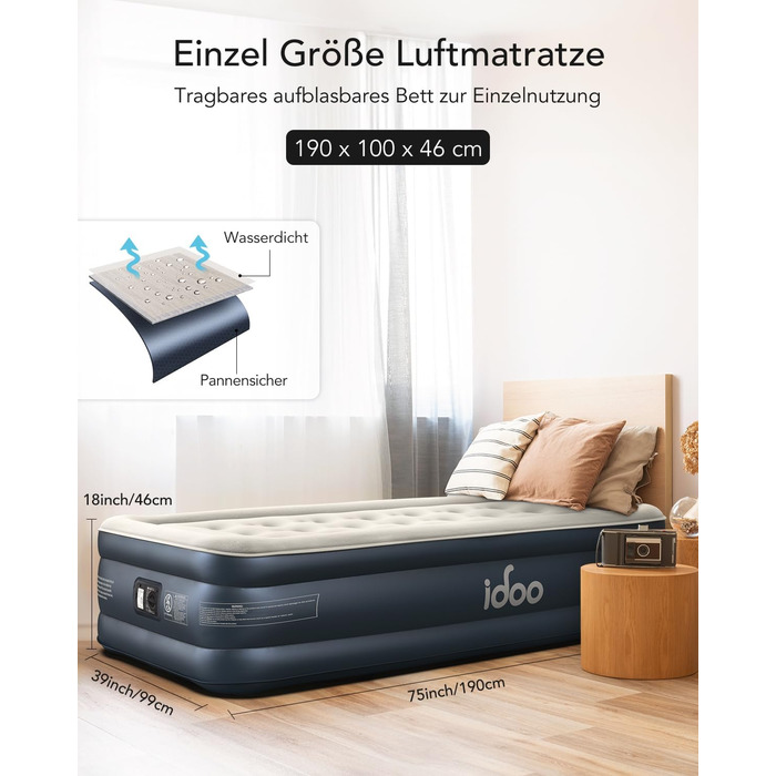 Надувний матрац iDOO самонадувний, 2 персони, з електричним насосом, для кемпінгу, 152x203x46 см, 295 кг