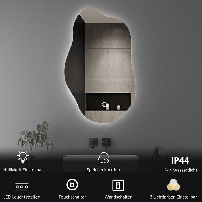 LED дзеркало для ванної кімнати Boromal 100x60 см з підсвічуванням, 3 кольори світла, диммування, сенсорне керування