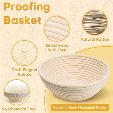 Набір для приготування закваски: кошик для бродіння (Banneton), скляна тара, ніж для хліба (Bread Lame), скребок для тіста, скребок-лопатка та силіконовий хлібний гребінець