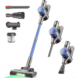 Бездротовий пилосос Dzaki 45000Pa з акумулятором, Smart-дисплеєм, функцією паркування та антизаплутанащістю для килимів, твердих поверхонь, шерсті тварин та авто (блакитно-сірий)