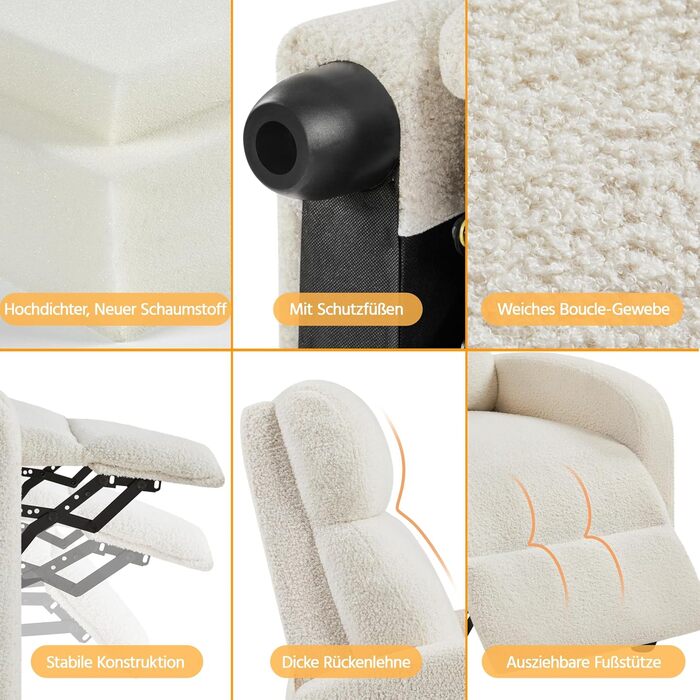 Крісло-релакс Yaheetech з регульованою підніжкою, крісло для телевізора, крісло-ліжак з тканини Boucle, колір слонова кістка