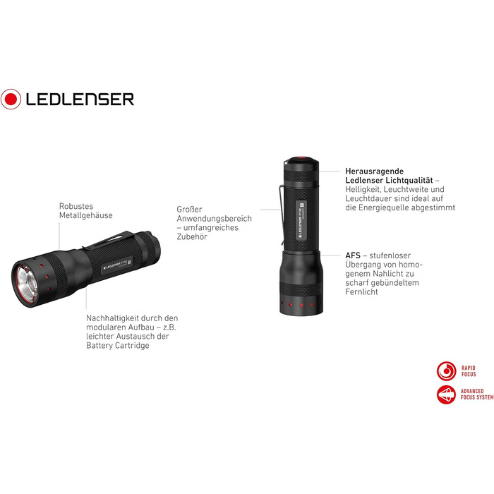 Світлодіодний ліхтар Ledlenser P7R SE Ліхтарик світлодіодний акумуляторний і фокусується Тактичний ліхтар на 1100 люмен Розширений фокус Відстань променя 220 метрів 40 годин роботи Режим стробоскопа (P7 SE, 500 лм)