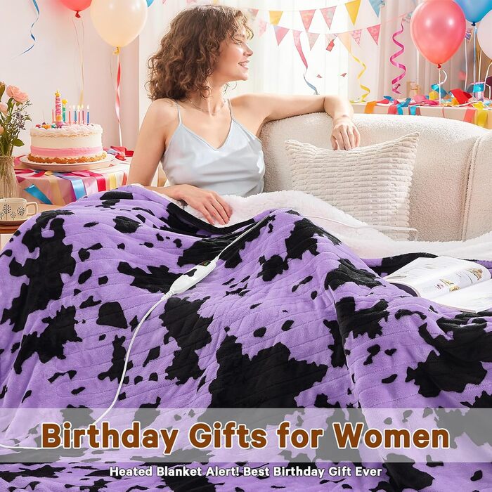 Електрична гріюча ковдра з принтом корови, повний розмір 183x213 см, фіолетова, 10 режимів нагріву, автоматичне вимкнення через 8 годин, флісова ковдра з декором гірської породи худоби, Sherpa