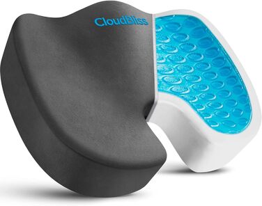 Подушка для офісного крісла CloudBliss з гелевою вставкою та піною з пам'яті ефекту, велюровий чохол, для полегшення болю в куприку, ішіасу та спині – для офісних крісел, автомобіля, інвалідного візка (великий, сірий, X-Large)