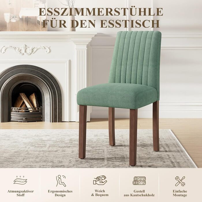 COLAMY Комплект обідніх стільців для кухні та їдальні (6 шт), зелені, з м'яким сидінням та спинкою, дерев'яні ніжки