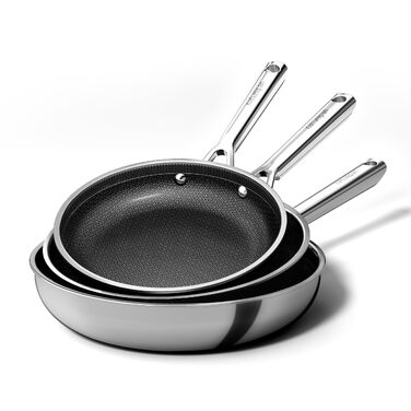 Набір сковорідок DiamondTitan з нержавіючої сталі, 3 шт. (20+24+28 см), антипригарне покриття з кераміки, для всіх типів плит, лазерне різьблення у вигляді стільникової структури, не нагрівається ручка, придатні для миття в посудомийній машині