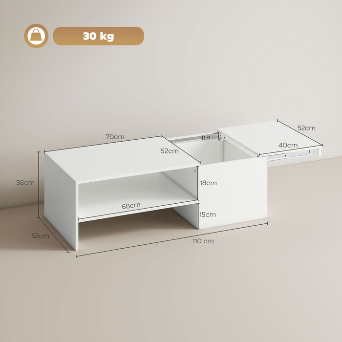 Регульований журнальний столик, металеві направляючі, ДСП, накладки на ніжках, білий