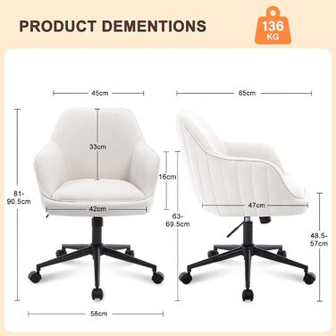 Офісне крісло BERYTH для дому та офісу, з велюру, до 136 кг, регульоване по висоті, поворотне на 360°, з м'якими роликами, для навчання, спальні, домашнього офісу, біле