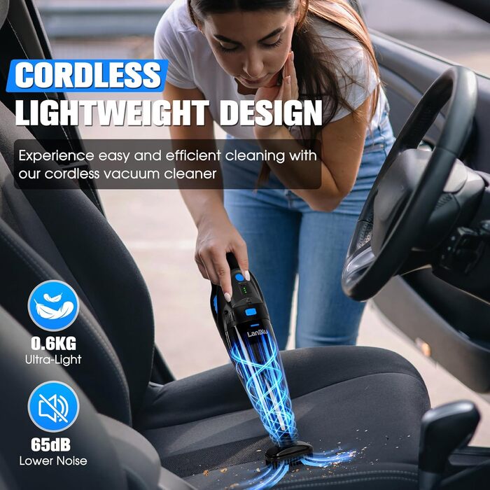 Акумуляторний ручний пилосос LanBlu для авто та дому, 25000Па, 120Вт, з LED-підсвіткою, зарядною станцією та мийним HEPA-фільтром, для вологого та сухого прибирання