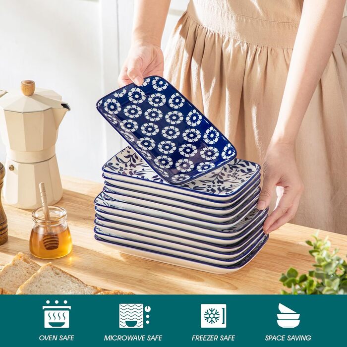 Набір тарілок Vancasso Selene 6 шт, прямокутні порцелянові тарілки для закусок, суші, десертів, фруктів, овочів 22x13 см