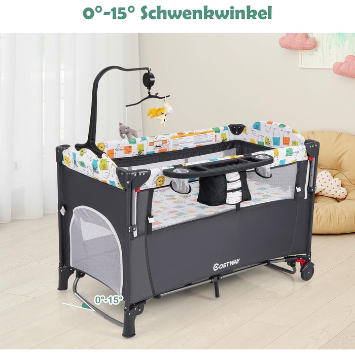 Дитяче ліжко-манеж COSTWAY 120x60 см з матрацом, пеленальним столиком, іграшками та музичною шкатулкою, сірий колір