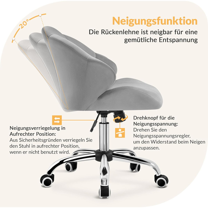 Крісло для дому та офісу Yaheetech, крісло для макіяжу, офісне крісло з регулюванням висоти, поворотне, з м'якою спинкою у формі мушлі, на коліщатках, з велюру, до 136 кг, білий (світло-сірий)