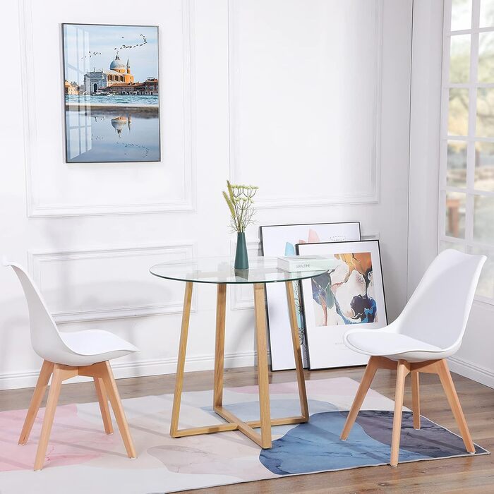 Обідній стіл HJ WeDo з 2 стільцями, круглий скляний стіл у скандинавському стилі, білий, для балкону, вітальні та їдальні