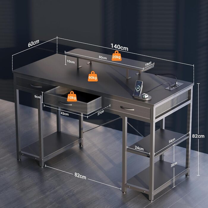 Комп'ютерний стіл Claiks з 3 висувними ящиками, полицею, 2 розетками та 2 USB-портами для зарядки, білий (140 x 60 см), чорний