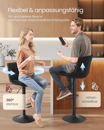 Барні стільці VASAGLE 2 шт. регульовані по висоті, обертаються, зі спинкою та підставкою для ніг, для кухні, їдальні, бару, сталь, LJB195G02 (Чорний, Велюр)