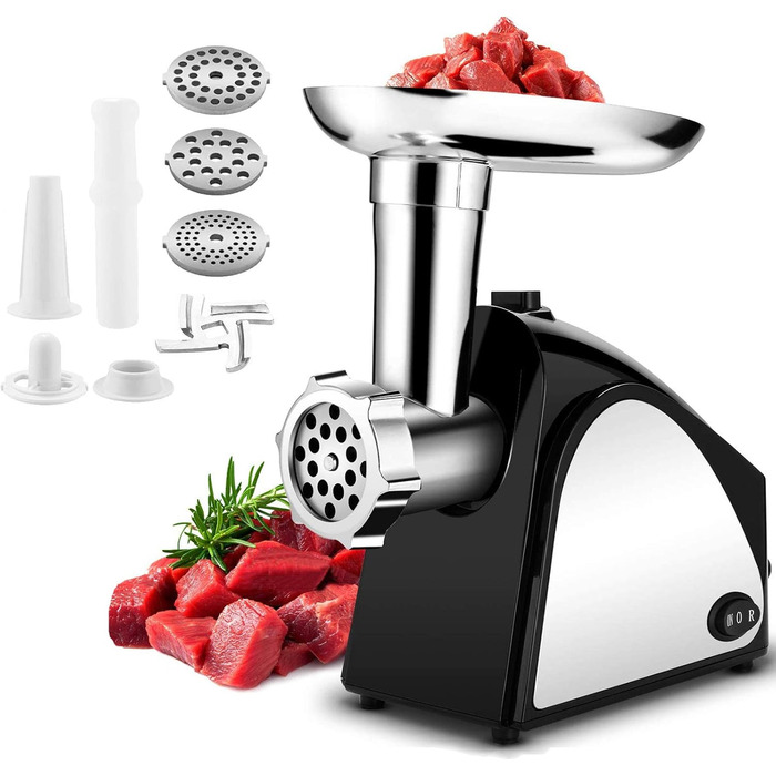 Електрична м'ясорубка з нержавіючої сталі з 3-ма дисками, ножем та насадкою для кубиків, ETL-сертифікат, 2000 Вт, чорний