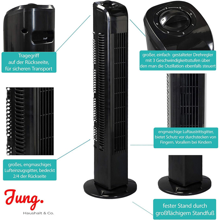 Вентилятор JUNG TV02 безшумний 78 см, 50 Вт, баштовий вентилятор чорний, ЕКОНОМІЯ ЕНЕРГІЇ, коливання 75, вентилятор на п'єдесталі вентилятора для спальні, максимальна гучність 48 дБА, 3 рівні