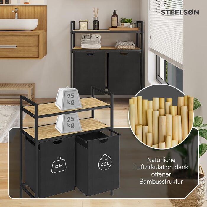 STEELSØN Сортувальник для білизни Rigil з 2 відділеннями та бамбуковою полицею – кошик для білизни на 2 контейнери по 45 л, чорного кольору – металевий сортувальник білизни з висувними мішками – контейнер для брудної білизни з 2 відділеннями та полицею